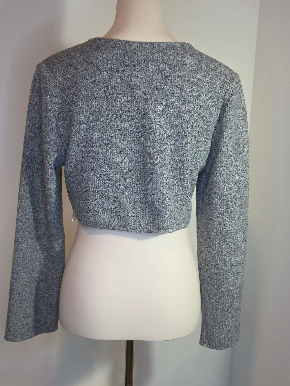 Zara Gray Cropped Gray Sweater Top with Rhinstone Front Hem Size Medium